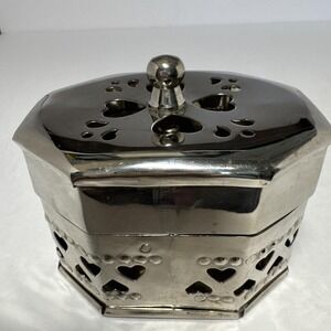 VTG Silver Plate Pierced Metal Incense Burner Box Trinket Poppuri Pot Hearts